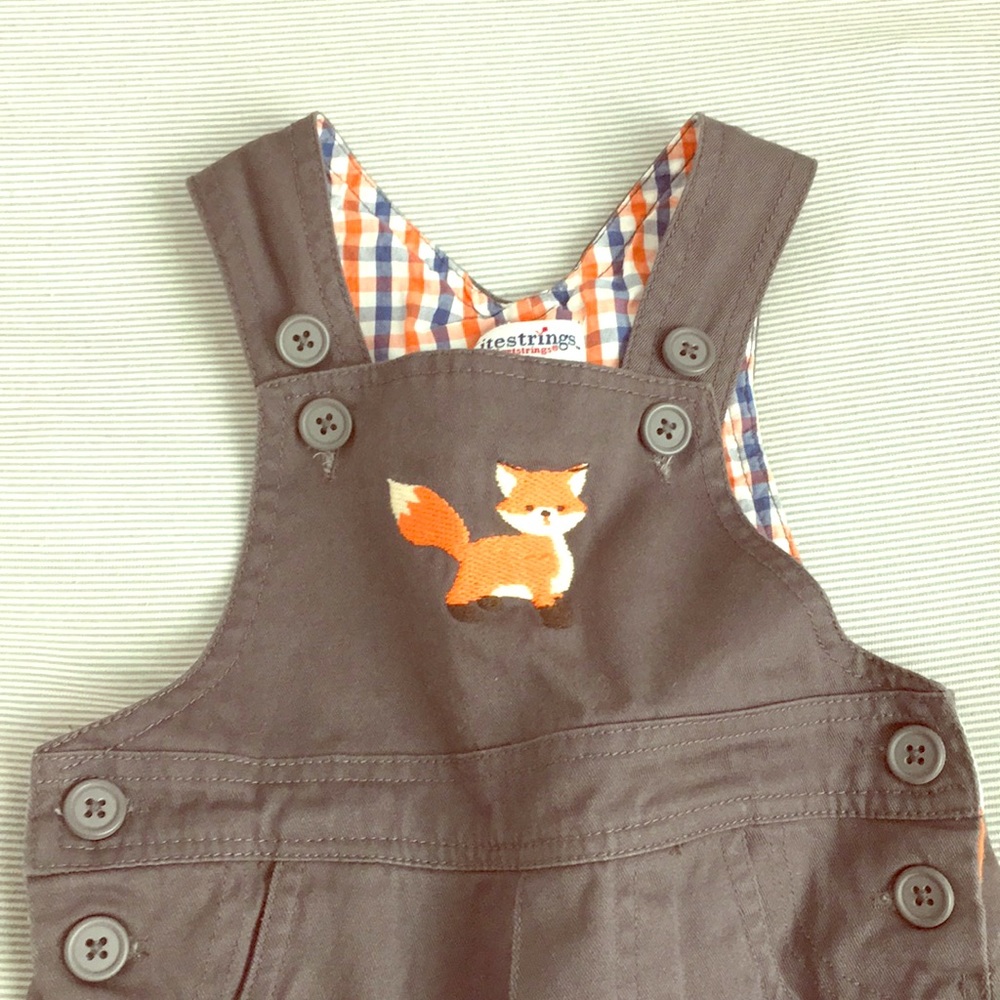 NBW - 12 mo boys fox overalls, by Kitestrings